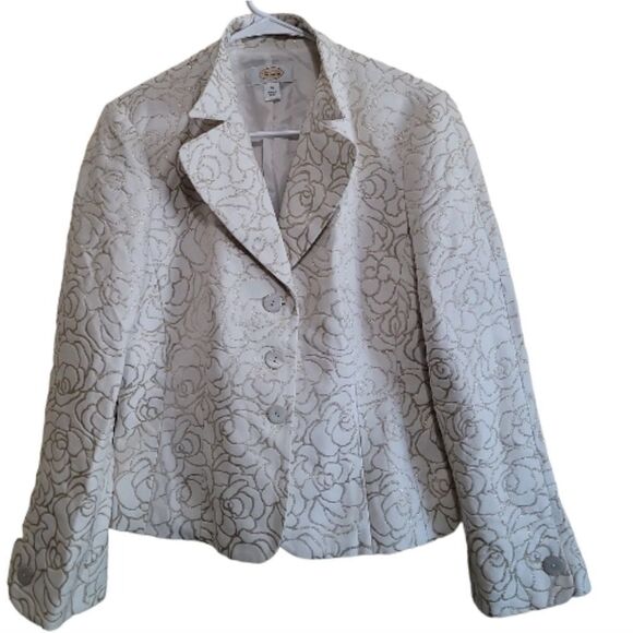 Talbots Women's Cream and Gold  Floral Print Blazer Jacket Size 12 - Picture 5 of 8